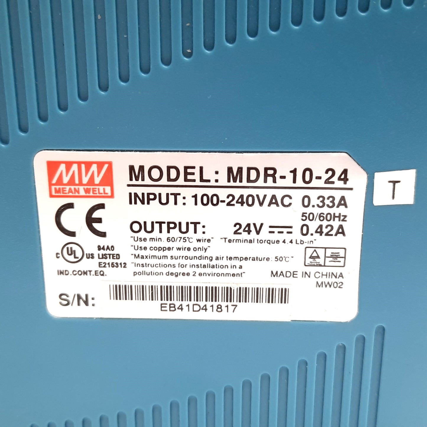 Used Mean Well MDR-10-24 Power Supply, Input: 100-240VAC 0.33A, Output: 24VDC 0.42A