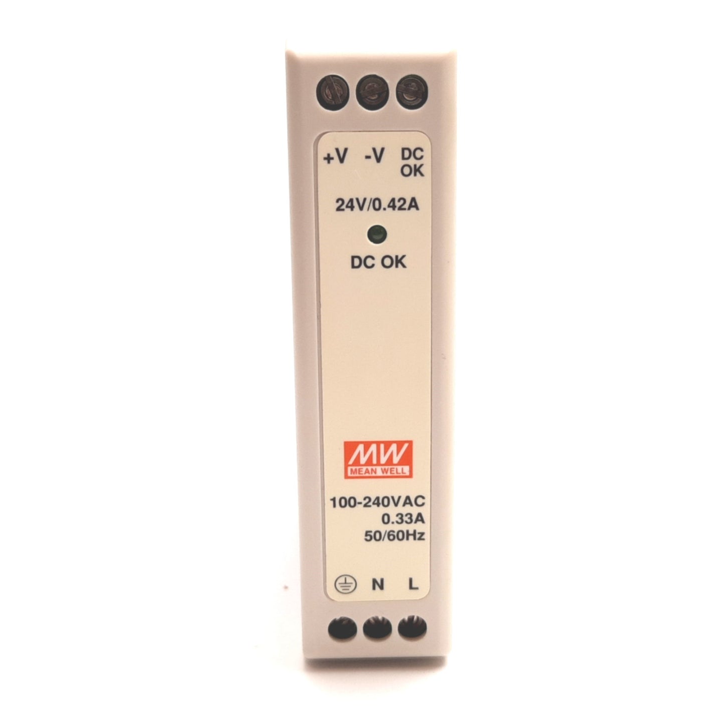 Used Mean Well MDR-10-24 Power Supply, Input: 100-240VAC 0.33A, Output: 24VDC 0.42A