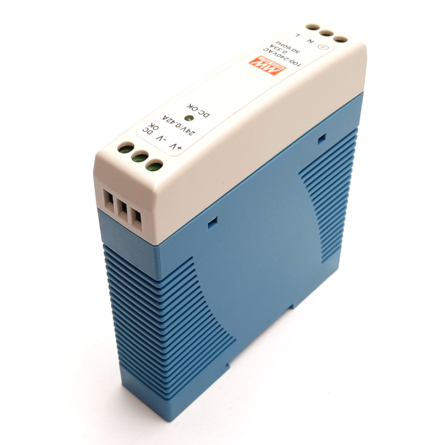 Used Mean Well MDR-10-24 Power Supply, Input: 100-240VAC 0.33A, Output: 24VDC 0.42A