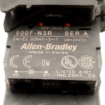 Used Allen Bradley 800FM-LF4 Pushbutton With 800F-N3R Light Block & 800-FX20D, Red