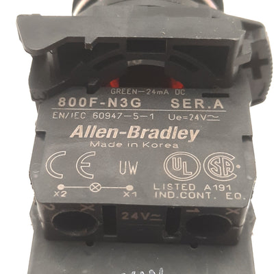 Used Allen Bradley 800FM-LF4 Pushbutton With 800F-N3G Light Block & 800-FX20D, Red
