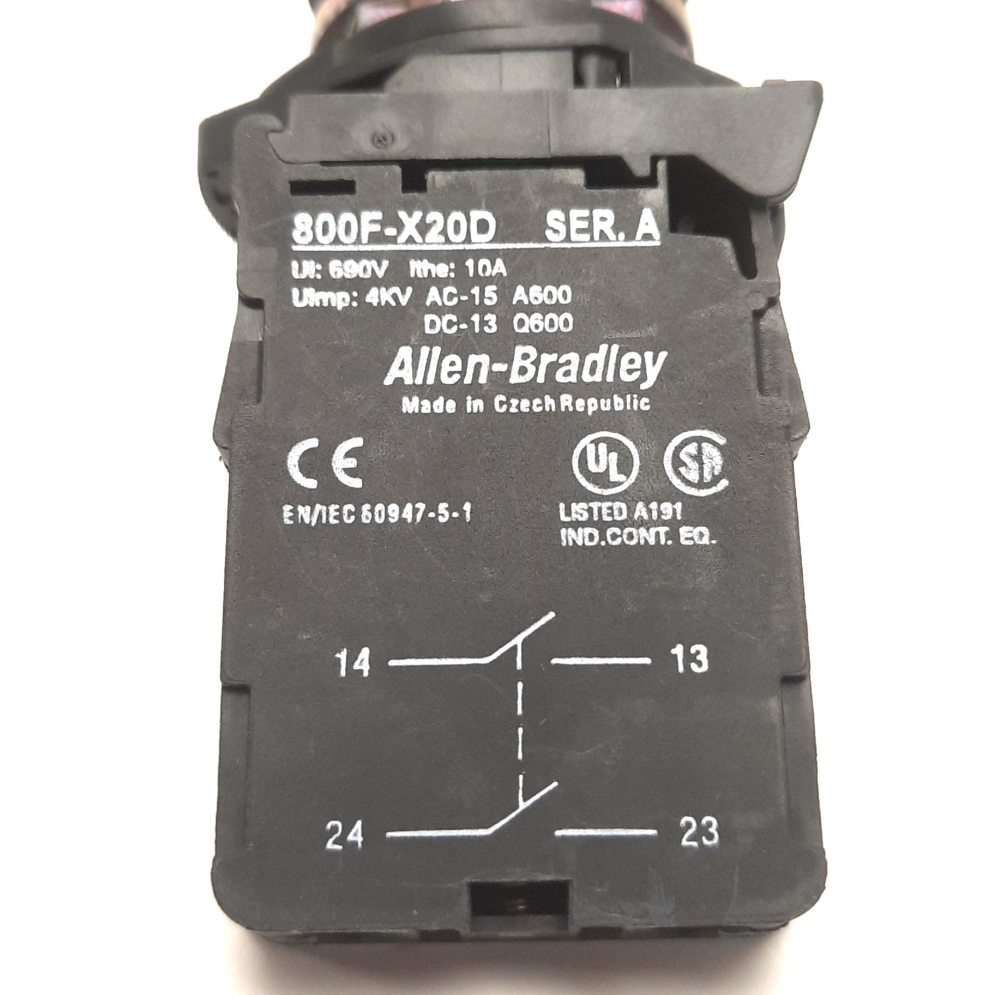 Used Allen Bradley 800FM-LF4 Pushbutton With 800F-N3G Light Block & 800-FX20D, Red