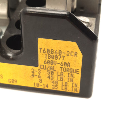 Used Bussmann T60060-2CR Open Fuse Block 600V, 60A, 2 Poles, For Class T Fuses