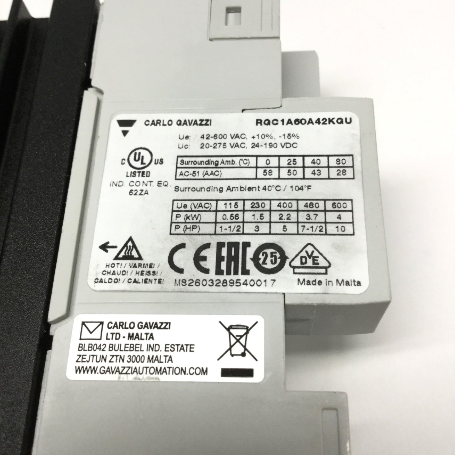 Used Carlo Gavazzi RGC1A60A42KGU Solid State Contactor 43A 600VAC, 20-275V Control