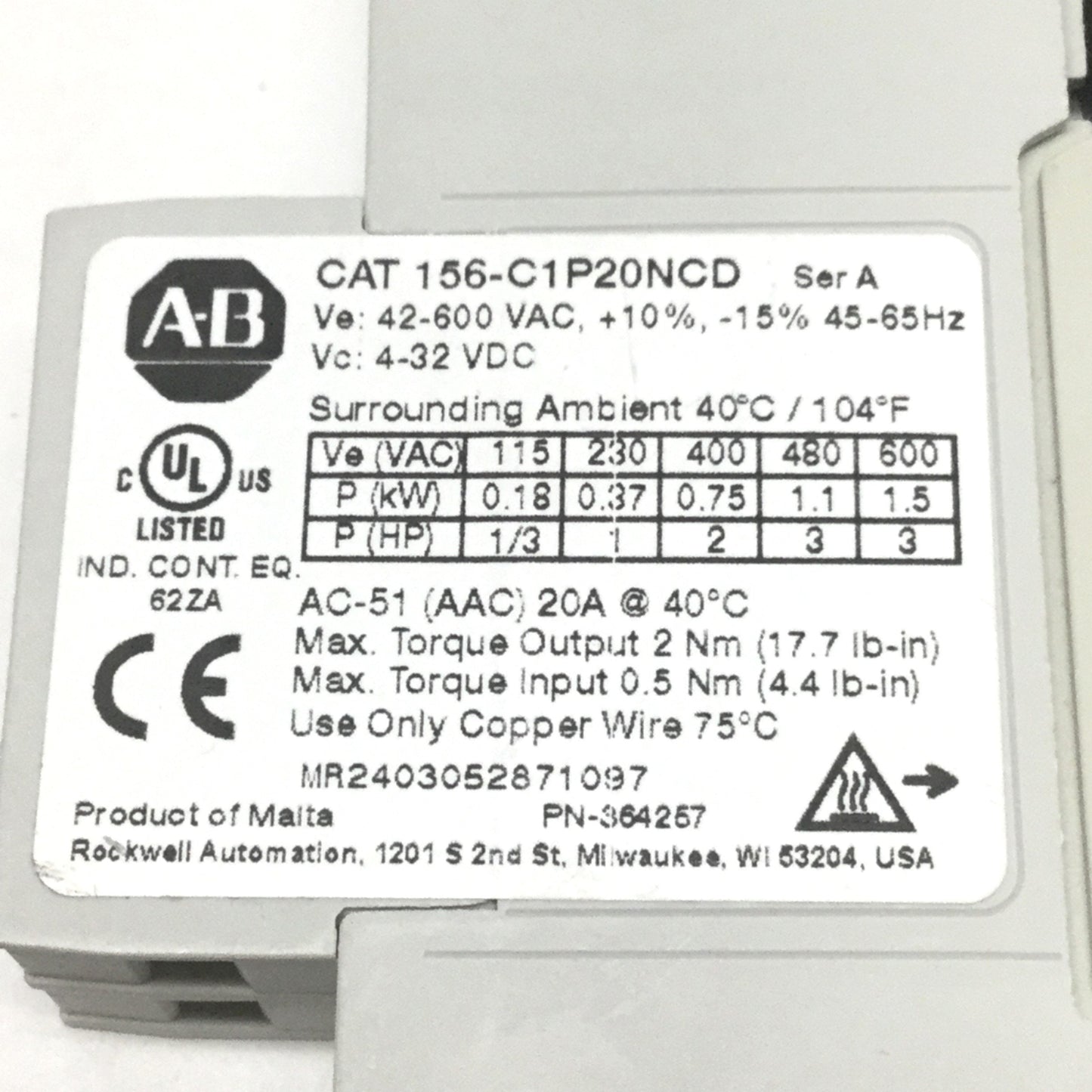 Used Allen Bradley 156-C1P20NCD Solid State Contactor, 600VAC 20A, 4-32VDC Control