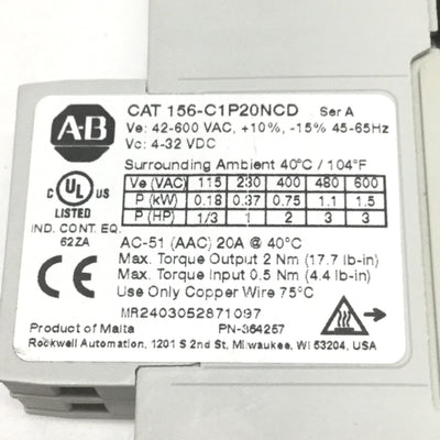Used Allen Bradley 156-C1P20NCD Solid State Contactor, 600VAC 20A, 4-32VDC Control