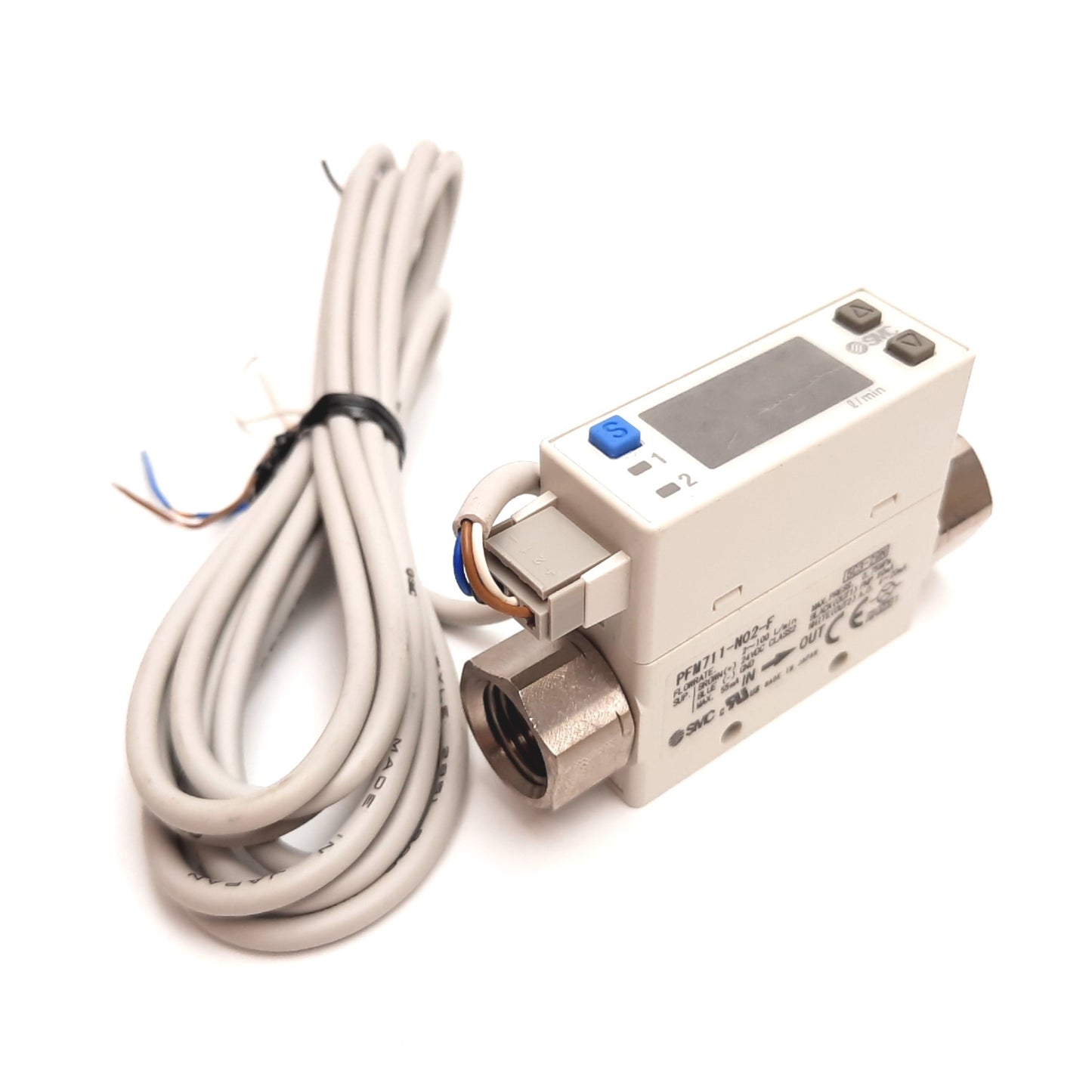New SMC PFM711-N02-F Digital Flow Switch, 2-100L/min, 0.75MPa, 24VDC, 1/4" NPT
