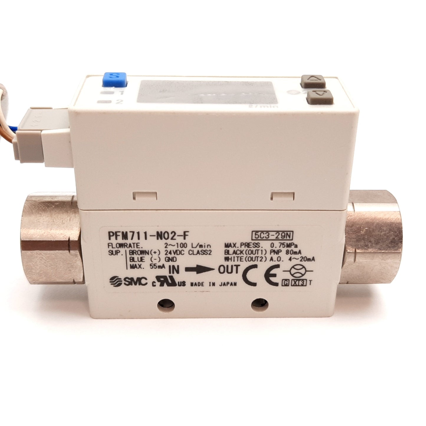 New SMC PFM711-N02-F Digital Flow Switch, 2-100L/min, 0.75MPa, 24VDC, 1/4" NPT