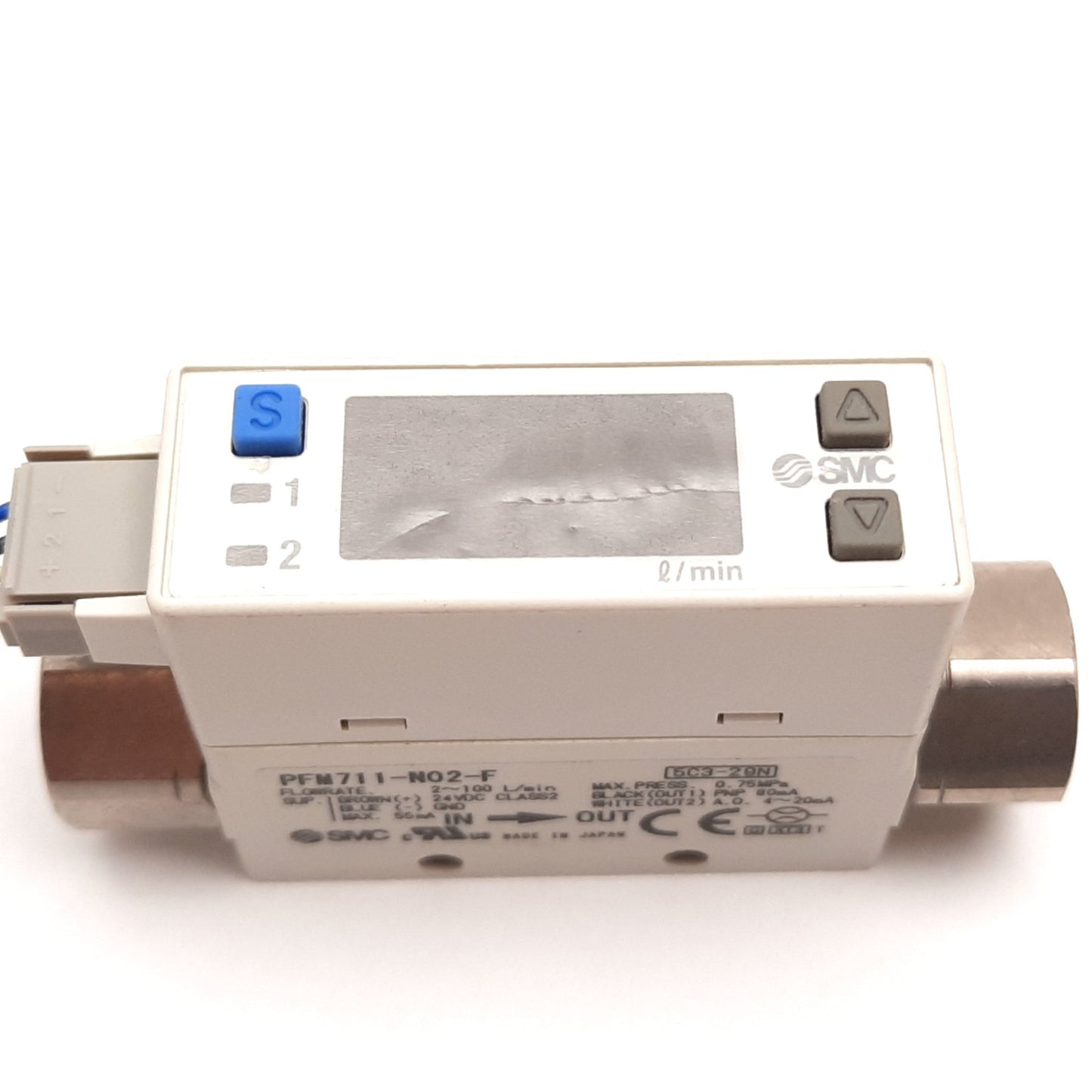 New SMC PFM711-N02-F Digital Flow Switch, 2-100L/min, 0.75MPa, 24VDC, 1/4" NPT