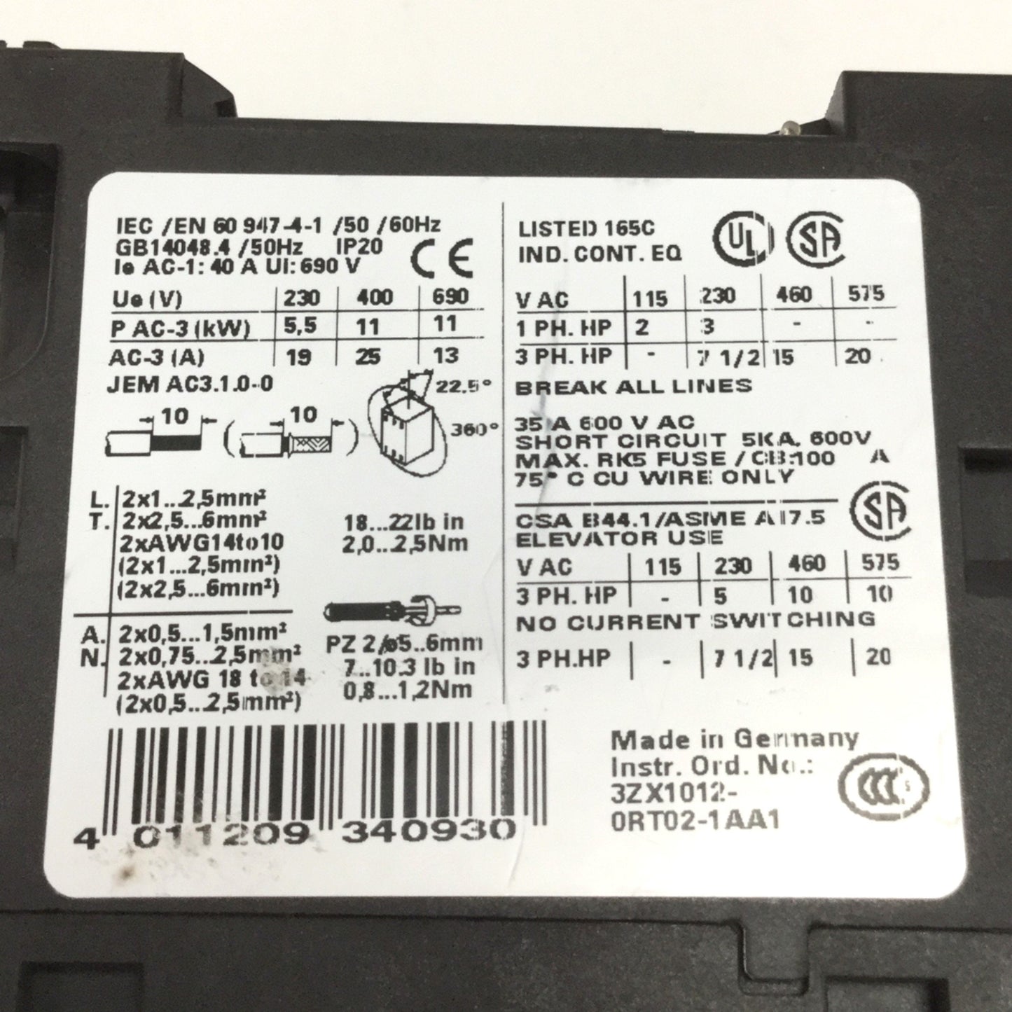 Used Siemens 3RT1026-1AK60 Sirius Power Contactor 3-Pole, 110/120VAC Coil, 35A 600VAC
