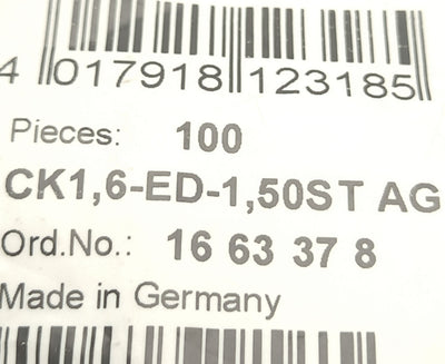 New Lot of 100 Phoenix Contact CK1,6-ED-1,50ST AG Silver Plated Copper Crimp Contact