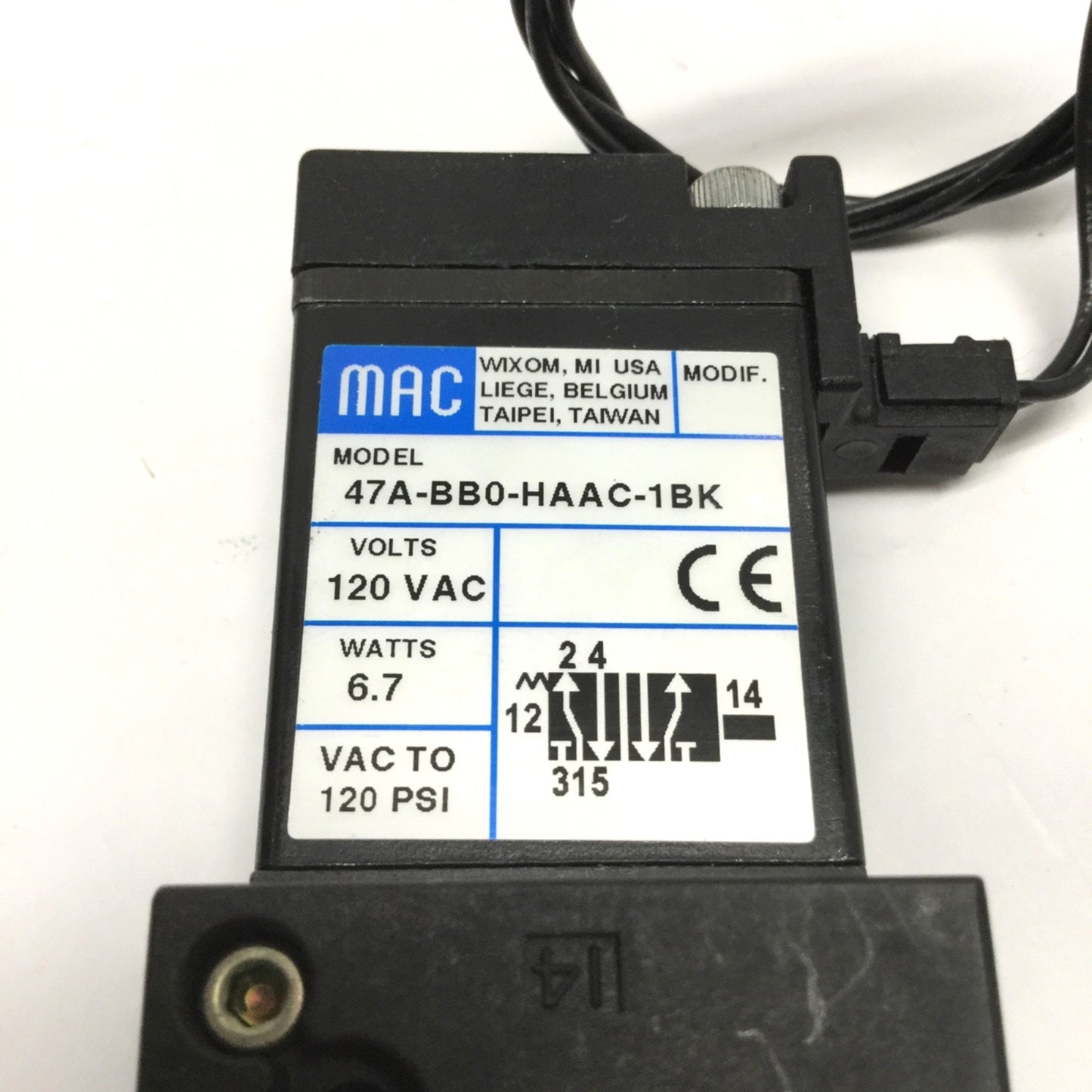Used MAC 47A-BB0-HAAC-1BK Solenoid Valve 5-Port, 2-Position, 120VAC Coil, 120psi