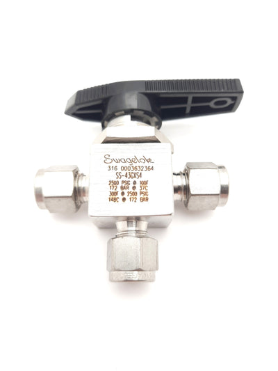 New Swagelok SS-43GXS4 Stainless 1 Piece 3 Way Ball Valve 2500PSI 1/4" Tube Fitting