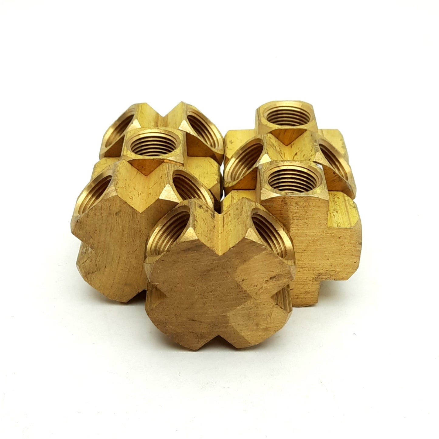 Used Lot of 7 Milton S-656-1 Brass Cross Fitting, 4x 3/8"NPT, 1 3/4 x 1 3/4 x 13/16"