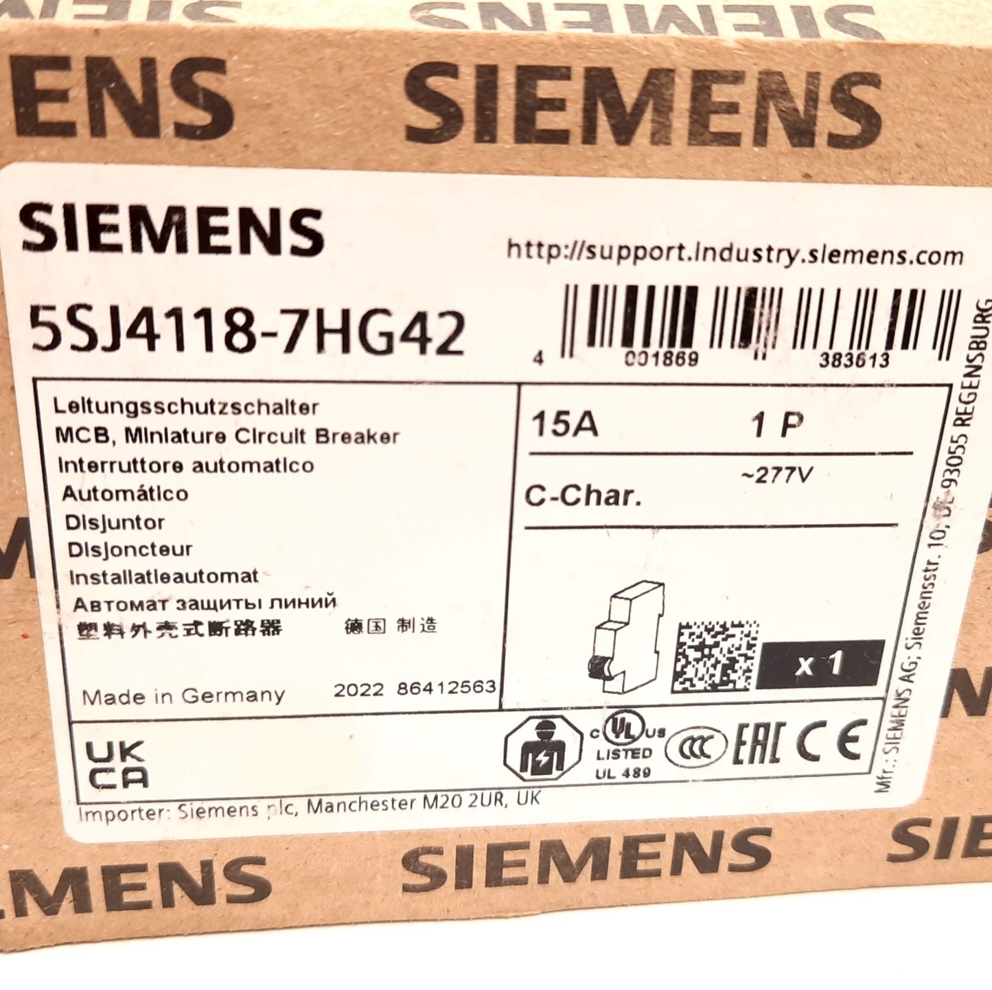 New Siemens 5SJ4118-7HG42 Circuit Breaker, 1-Pole, C-Curve, Rating: 15A 277VAC