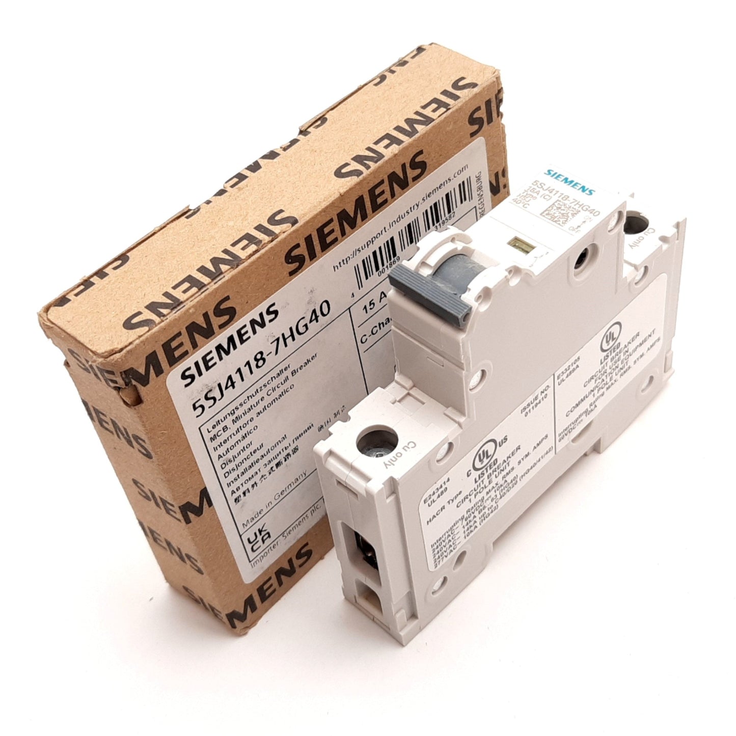 New Siemens 5SJ4118-7HG40 Circuit Breaker, 1-Pole, C-Curve, Rating: 15A 60VDC 240VAC