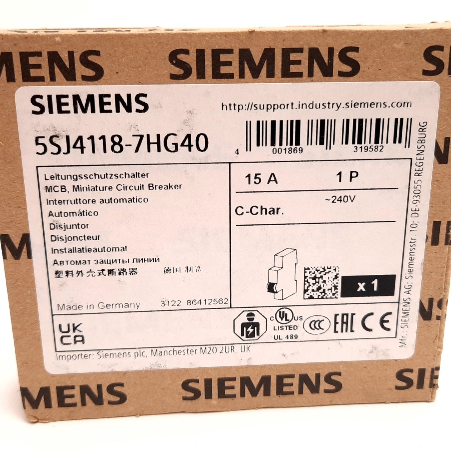 New Siemens 5SJ4118-7HG40 Circuit Breaker, 1-Pole, C-Curve, Rating: 15A 60VDC 240VAC