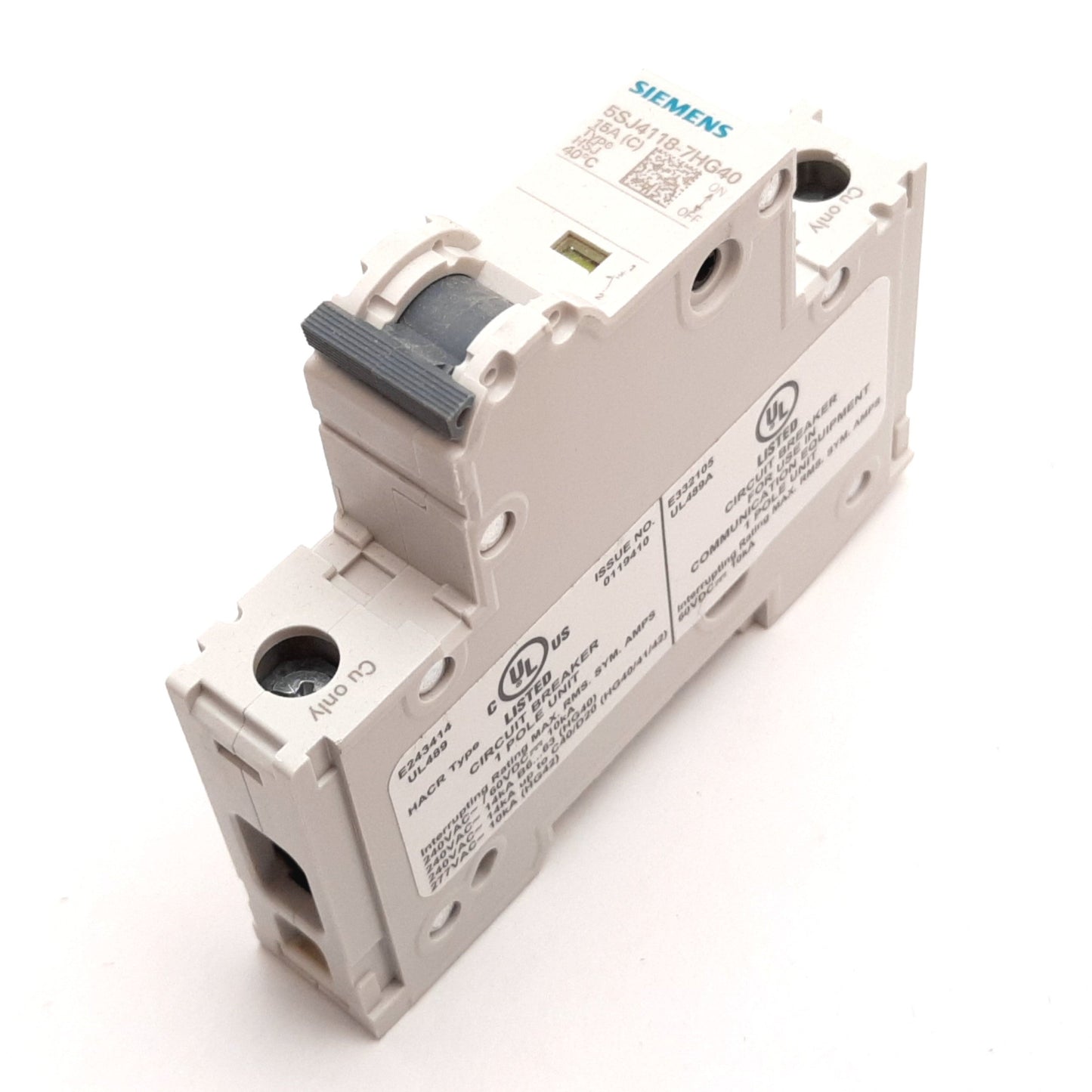 New Siemens 5SJ4118-7HG40 Circuit Breaker, 1-Pole, C-Curve, Rating: 15A 60VDC 240VAC