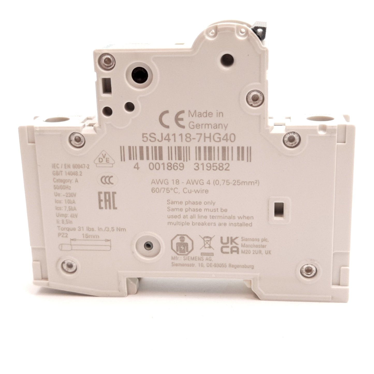 New Siemens 5SJ4118-7HG40 Circuit Breaker, 1-Pole, C-Curve, Rating: 15A 60VDC 240VAC