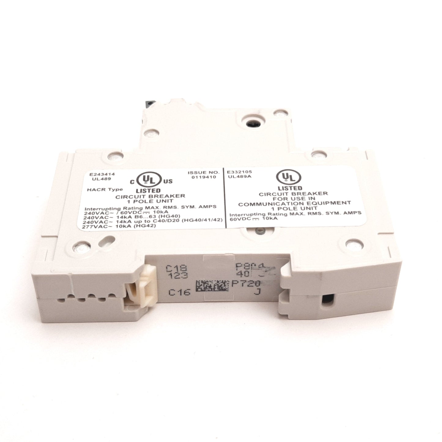 New Siemens 5SJ4118-7HG40 Circuit Breaker, 1-Pole, C-Curve, Rating: 15A 60VDC 240VAC