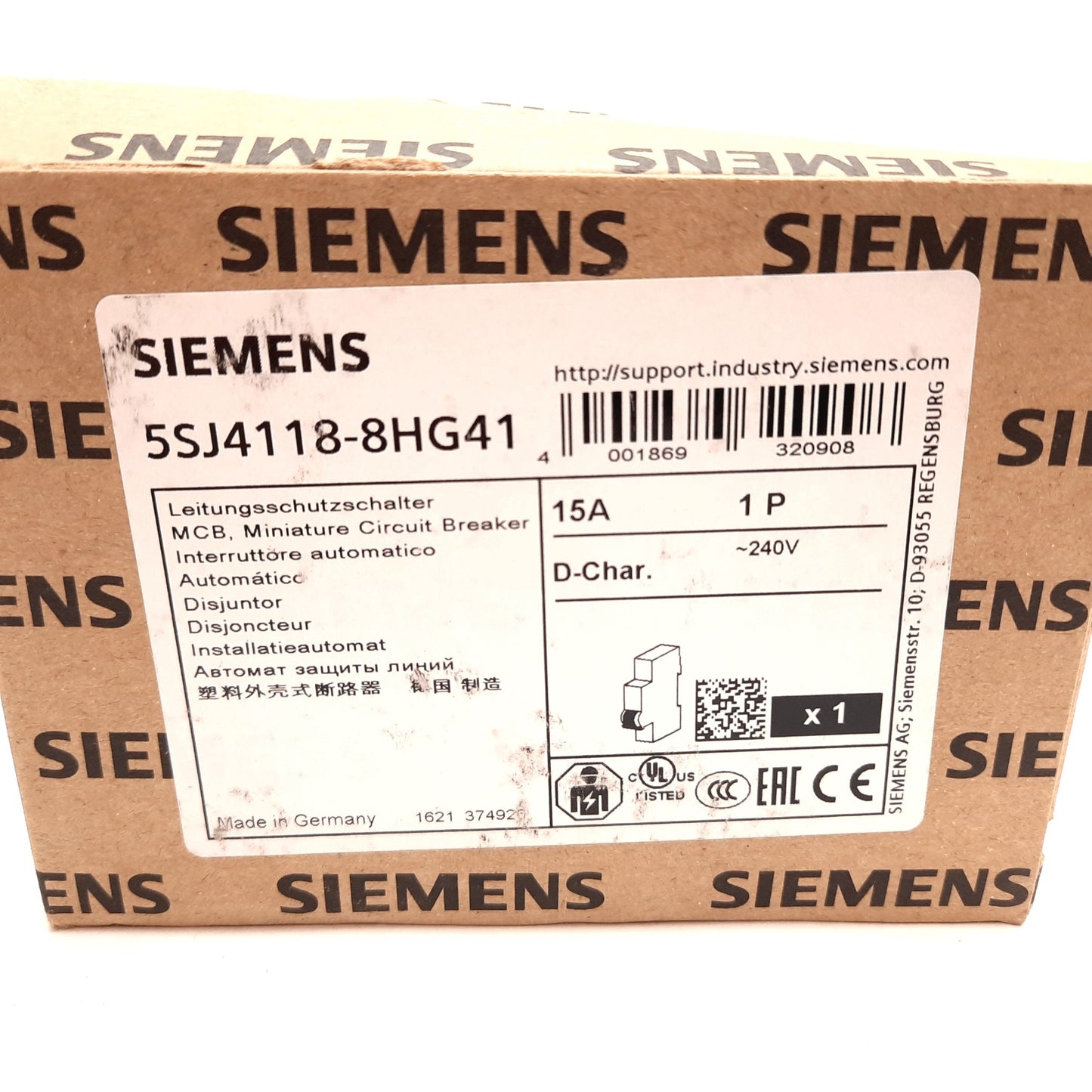 New Siemens 5SJ4118-8HG41 Circuit Breaker, 1-Pole, D-Curve, Rating: 15A 60VDC 240VAC