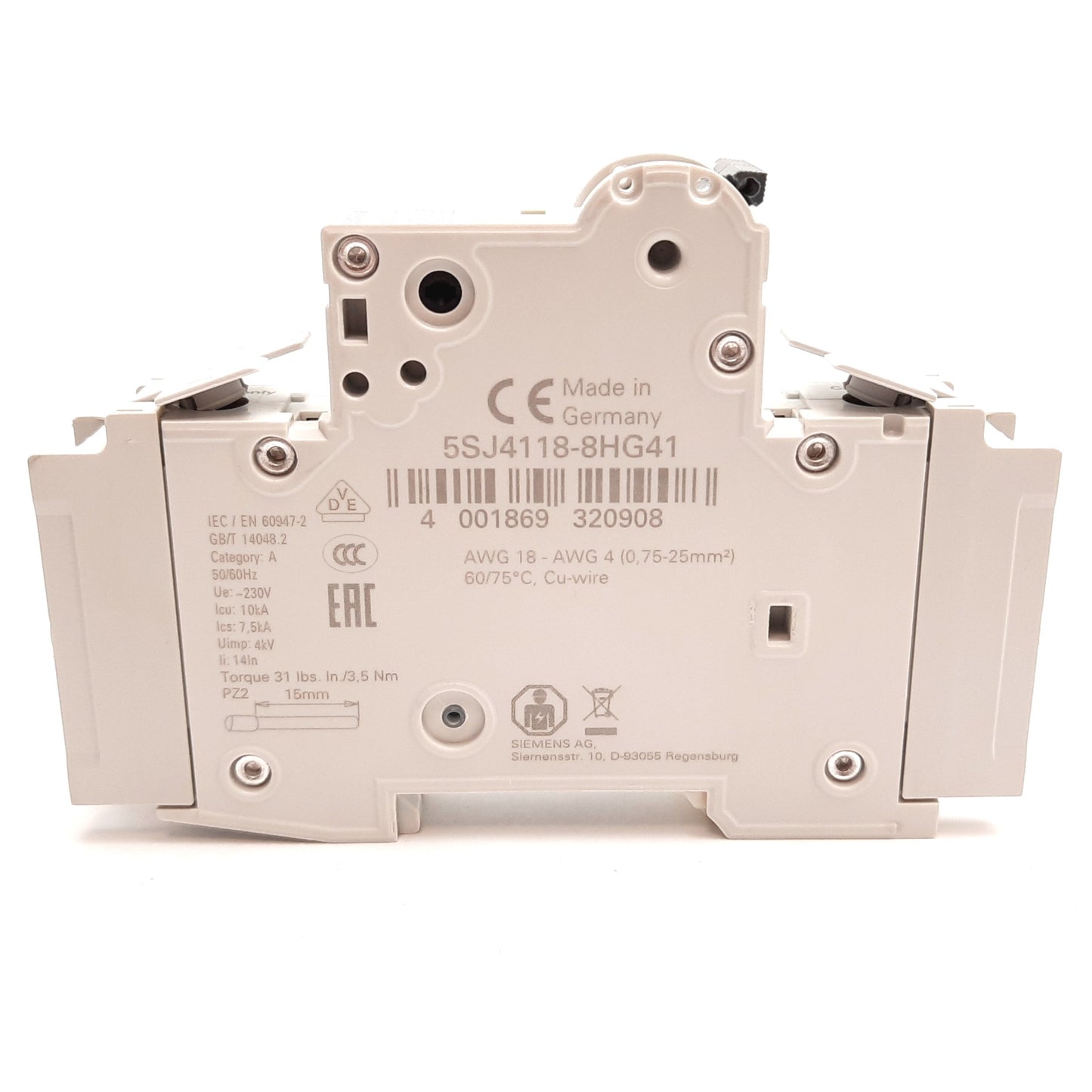 New Siemens 5SJ4118-8HG41 Circuit Breaker, 1-Pole, D-Curve, Rating: 15A 60VDC 240VAC