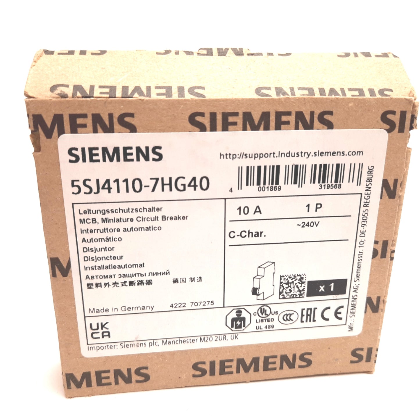 New Siemens 5SJ4110-7HG40 Circuit Breaker, 1-Pole C-Curve, Rating: 10A 240VAC 60VDC