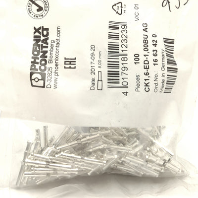 New Lot of 100 Phoenix Contact CK1,6-ED-1,00BU AG Silver Plated Copper Crimp Contact