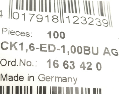 New Lot of 100 Phoenix Contact CK1,6-ED-1,00BU AG Silver Plated Copper Crimp Contact