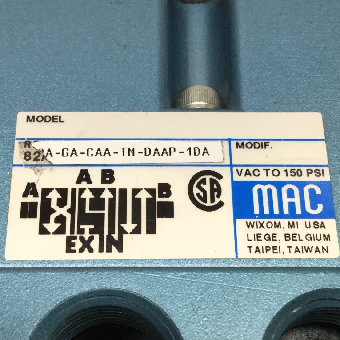Used MAC 82A-GA-CAA-TM-DAAP-1DA Solenoid Valve, 4-Port, 3-Position, 3/8" NPT, 120VAC