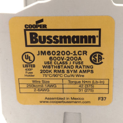 New – Open box Cooper Bussmann JM60200-1CR Class J Fuse Block 600V 110-200A, 1-Pole