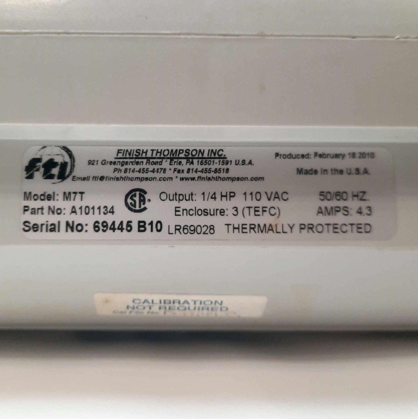 Used Finish Thompson Inc M7T Drum Pump Motor, 1/4HP, 3450RPM, 115VAC 4.3FLA 50/60Hz