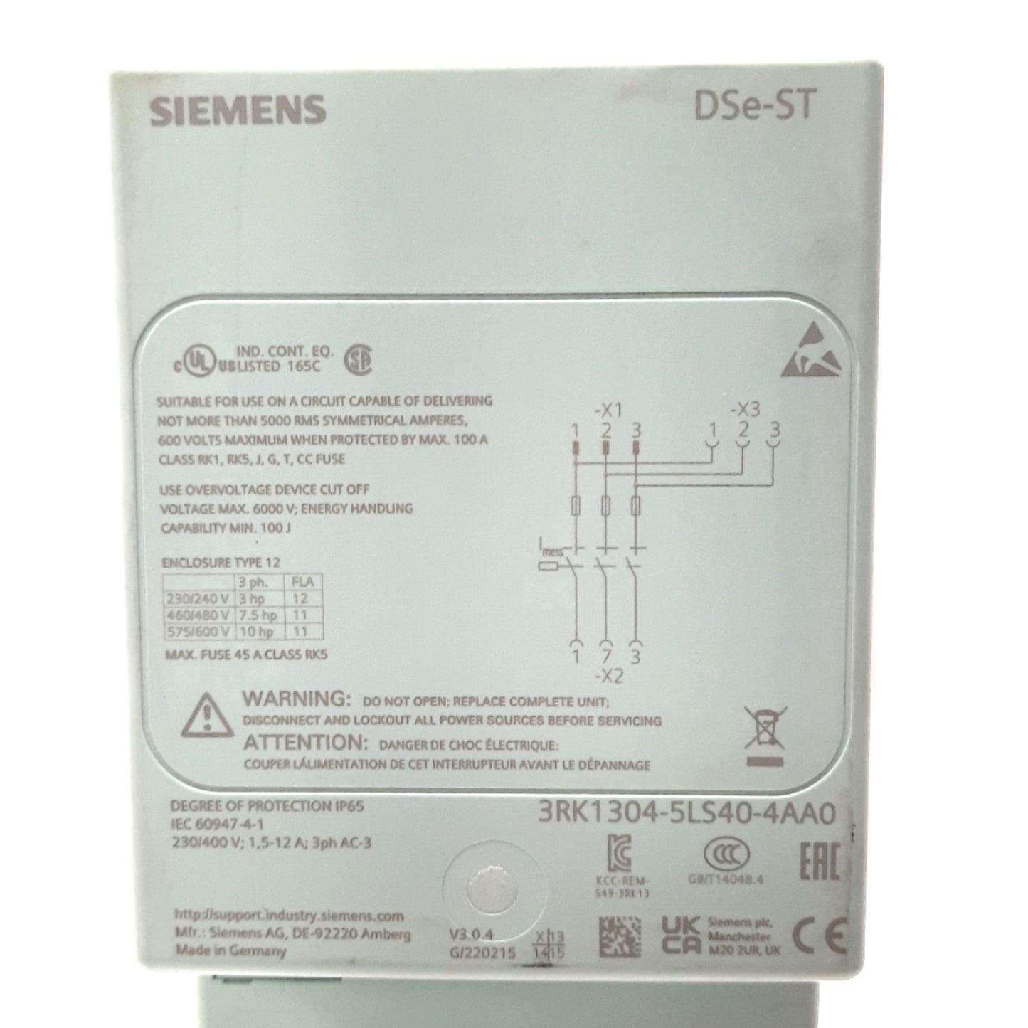 Used Siemens 3RK1304-5LS40-4AA0 DOL Motor Starter 3-Pole, 230/400V AC 1.5-12A 3Ph