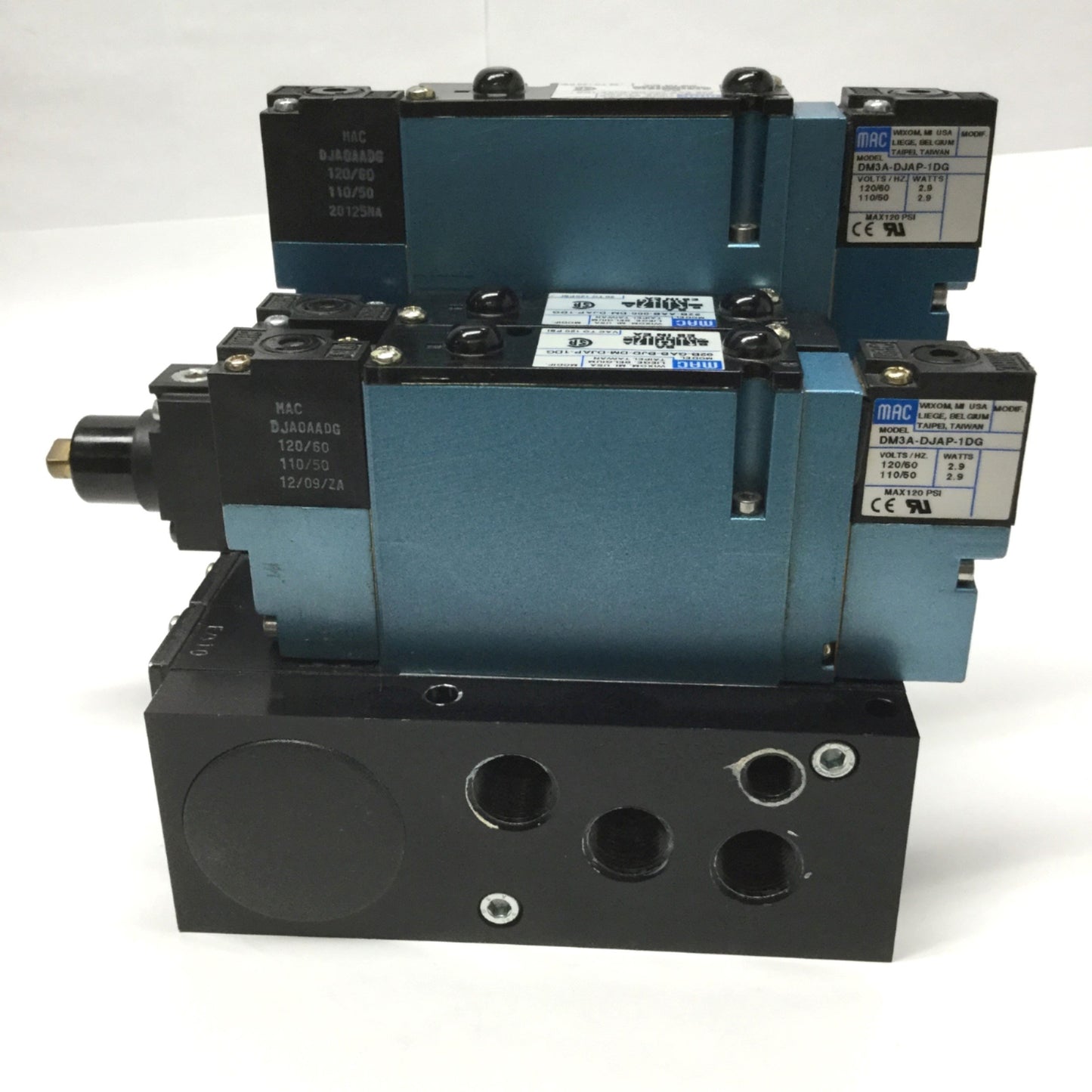 Used Manifold of 3x MAC 92B Series Solenoid Pilot Valves 5-Port 120VAC, 3/8" NPT