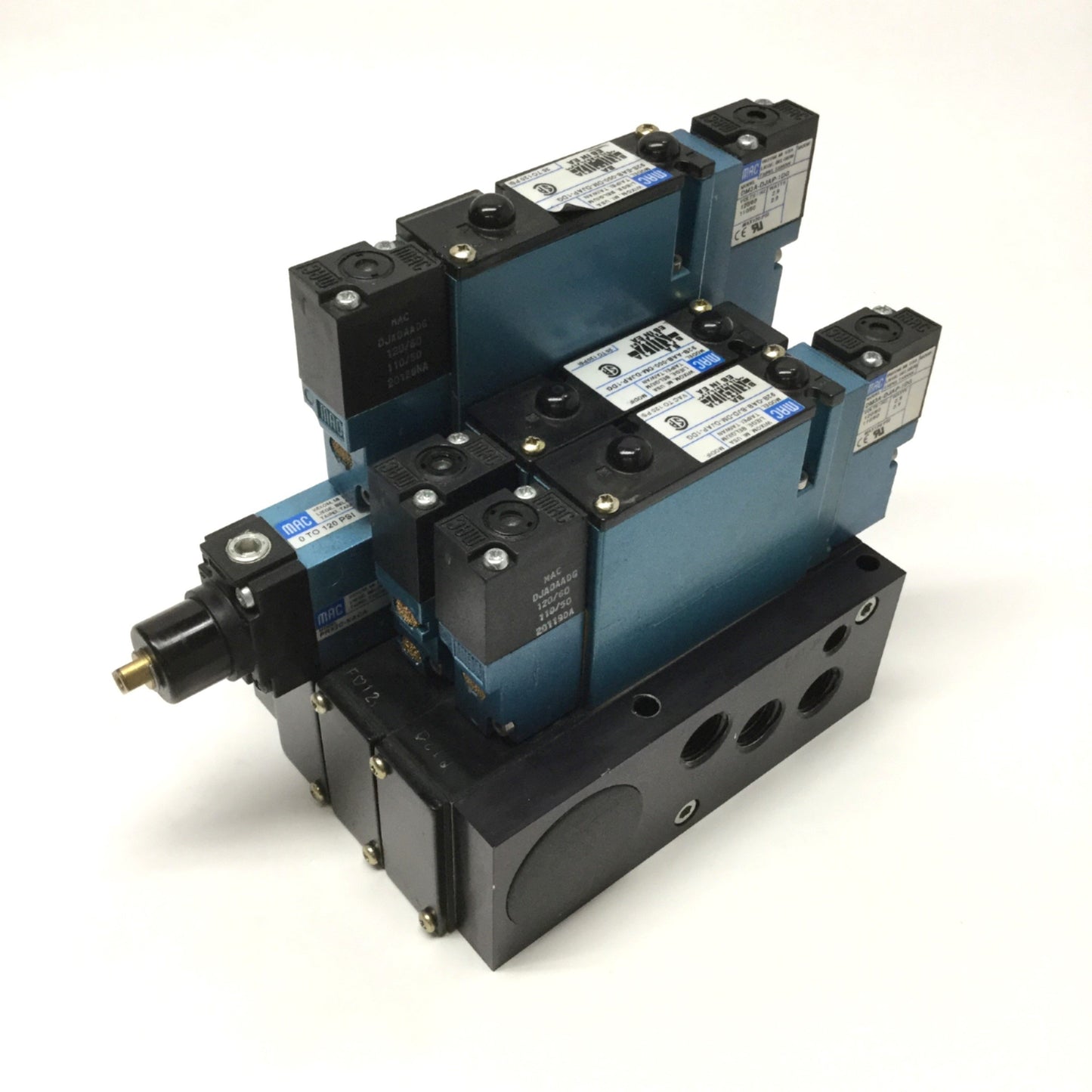 Used Manifold of 3x MAC 92B Series Solenoid Pilot Valves 5-Port 120VAC, 3/8" NPT