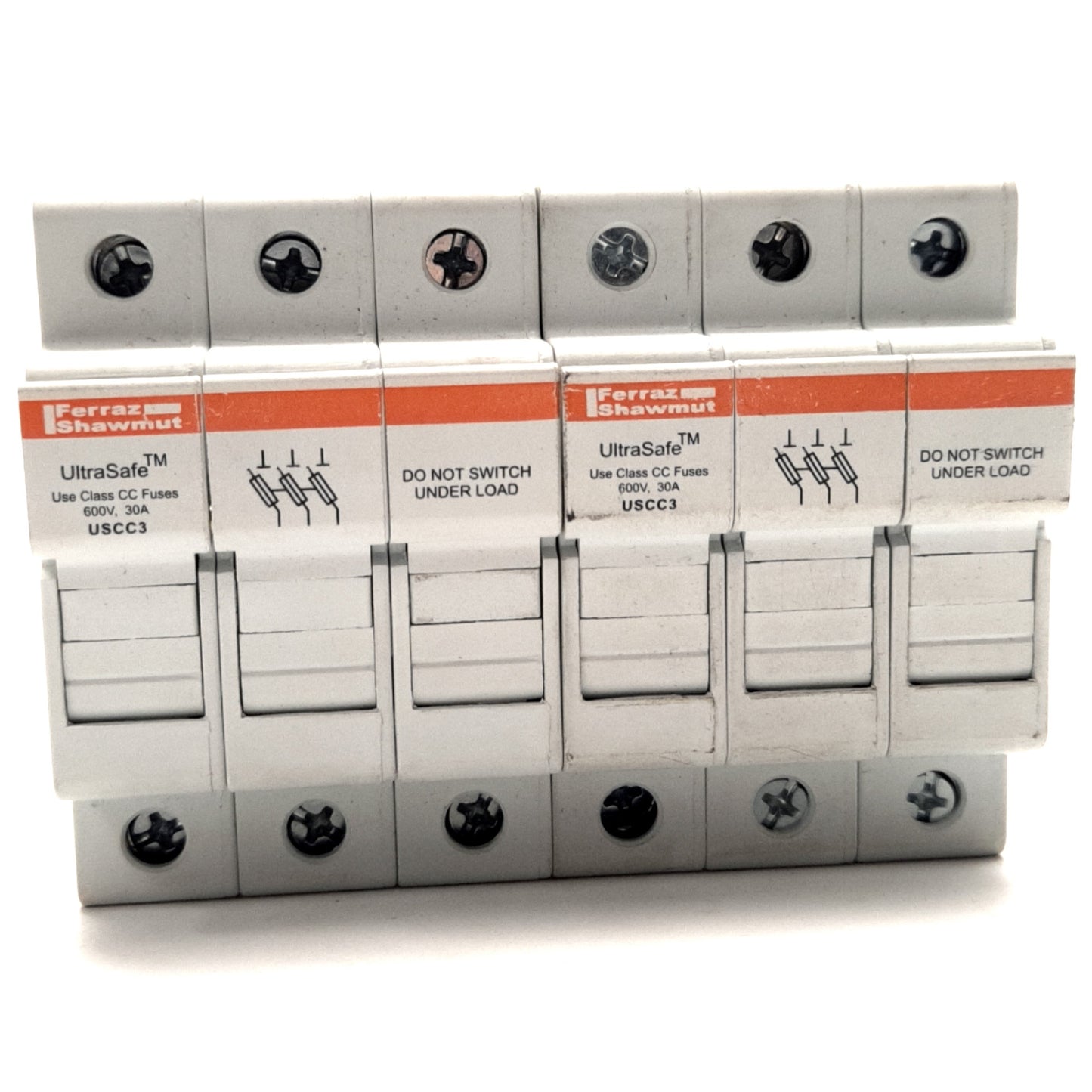 Used Lot of 2 Mersen USCC3 Ultrasafe Fuse Holder Class CC, 600v AC/DC, 30A, 3 Poles