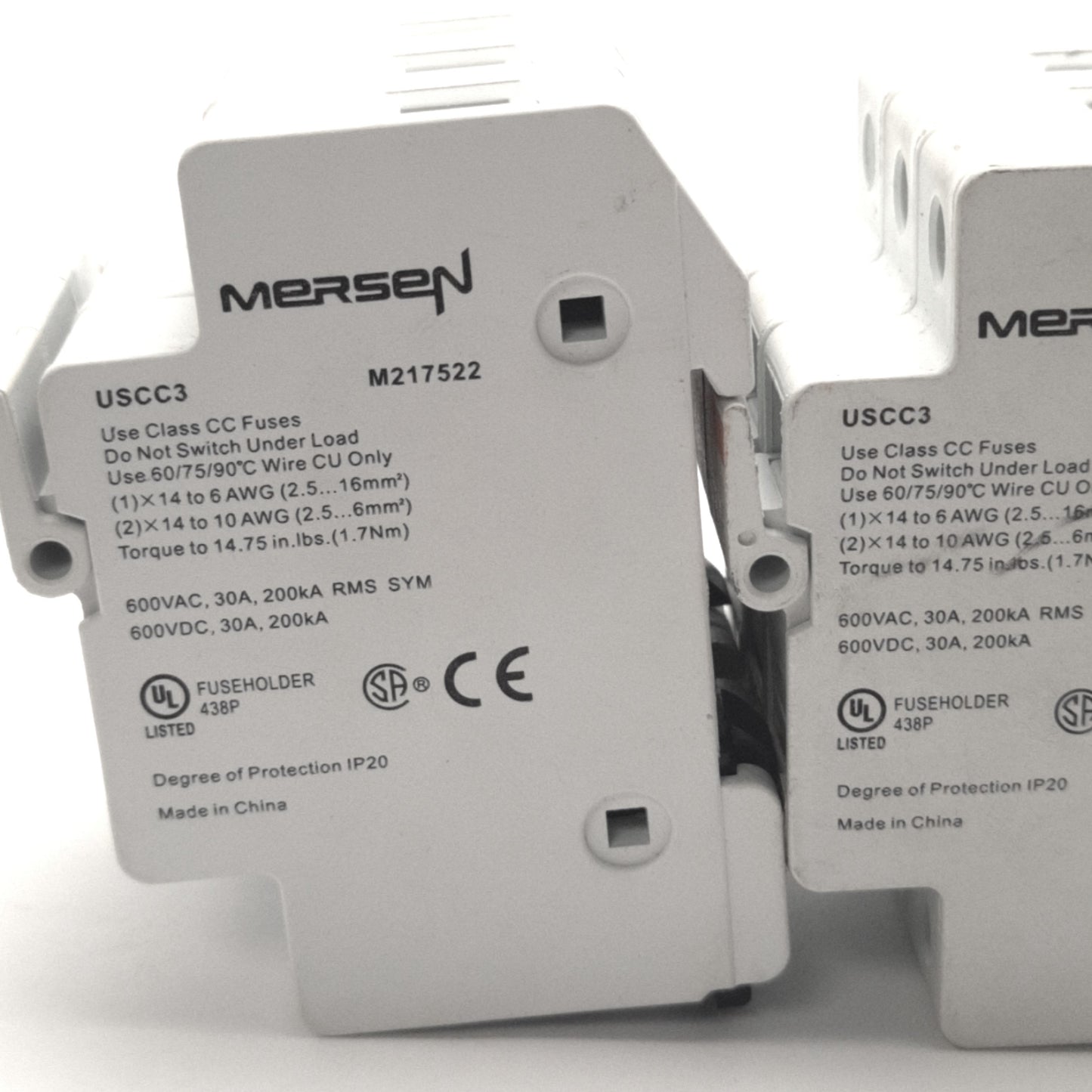 Used Lot of 2 Mersen USCC3 Ultrasafe Fuse Holder Class CC, 600v AC/DC, 30A, 3 Poles
