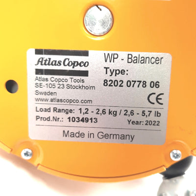 Used Atlas Copco WP-05-3-A Tool Balancer 1.2-2.6Kg Capacity, 5 Ft Travel, 25" length