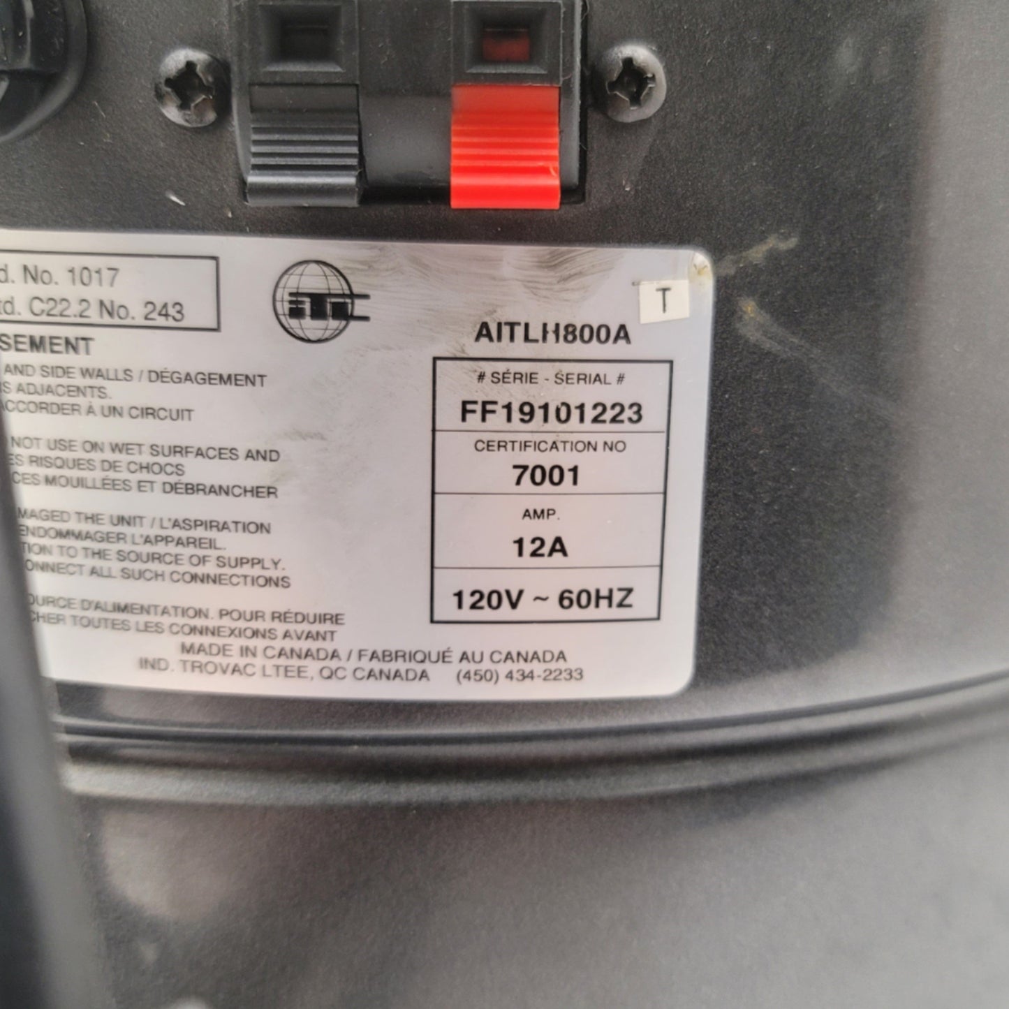 Used Trovac AITLH800A HD800 Heavy Duty Central Vacuum Motor Unit, 115CFM, 120VAC 13A