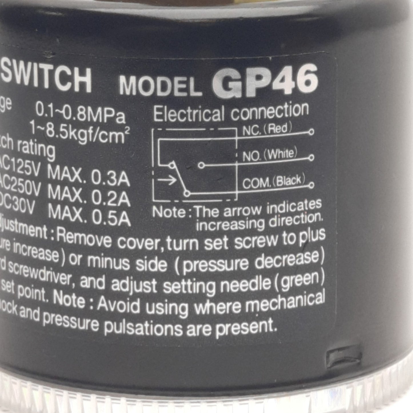 Used SMC GP46 Pressure Gauge With Switch, 0 to 1.0 MPa 1/8 NPT Thread Limit Indicator