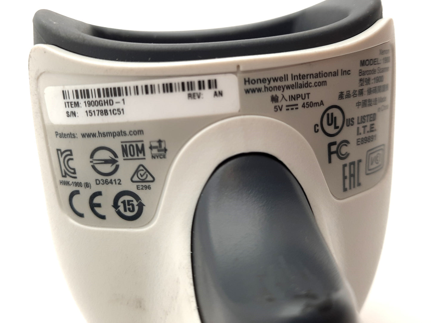 Used Honeywell 1900GHD-1 Handheld Barcode Scanner USB 5VDC 450mA, 1D 2D Capability