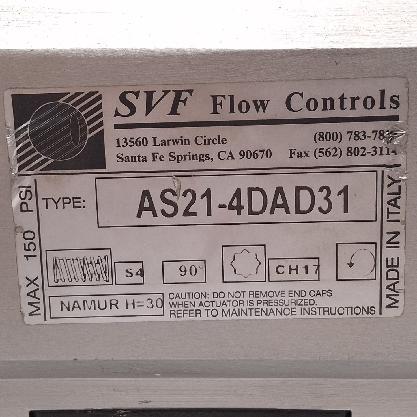 Used SVF Flow Controls AS21-4DAD31 Pneumatic Ball Valve Actuator 90° 1/4"NPT 150PSI