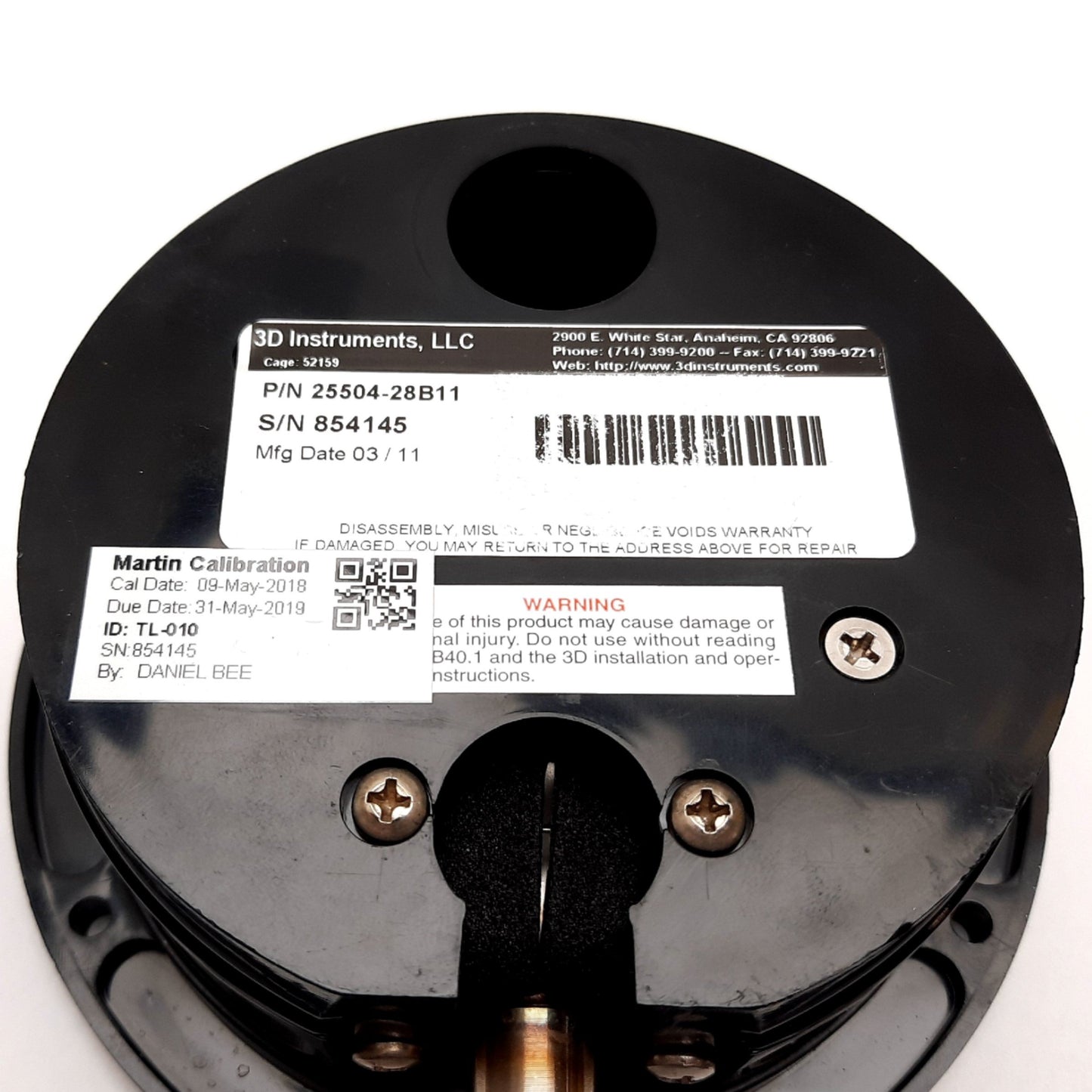 Used 3D Instruments 25504-28B11 Pressure Gauge, Scale: 0-600psi, Connection: 1/4" NPT