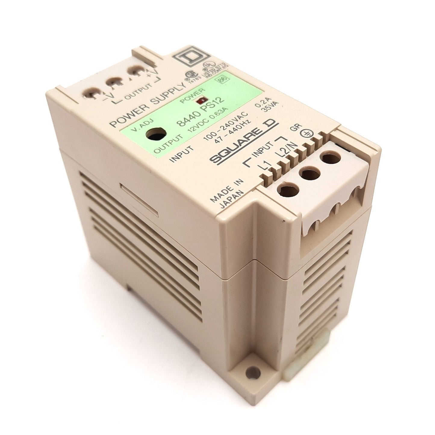 Used Square D 8440 PS12 Power Supply, Input: 100-240VAC 47-440Hz, Output: 12VDC 0.63A