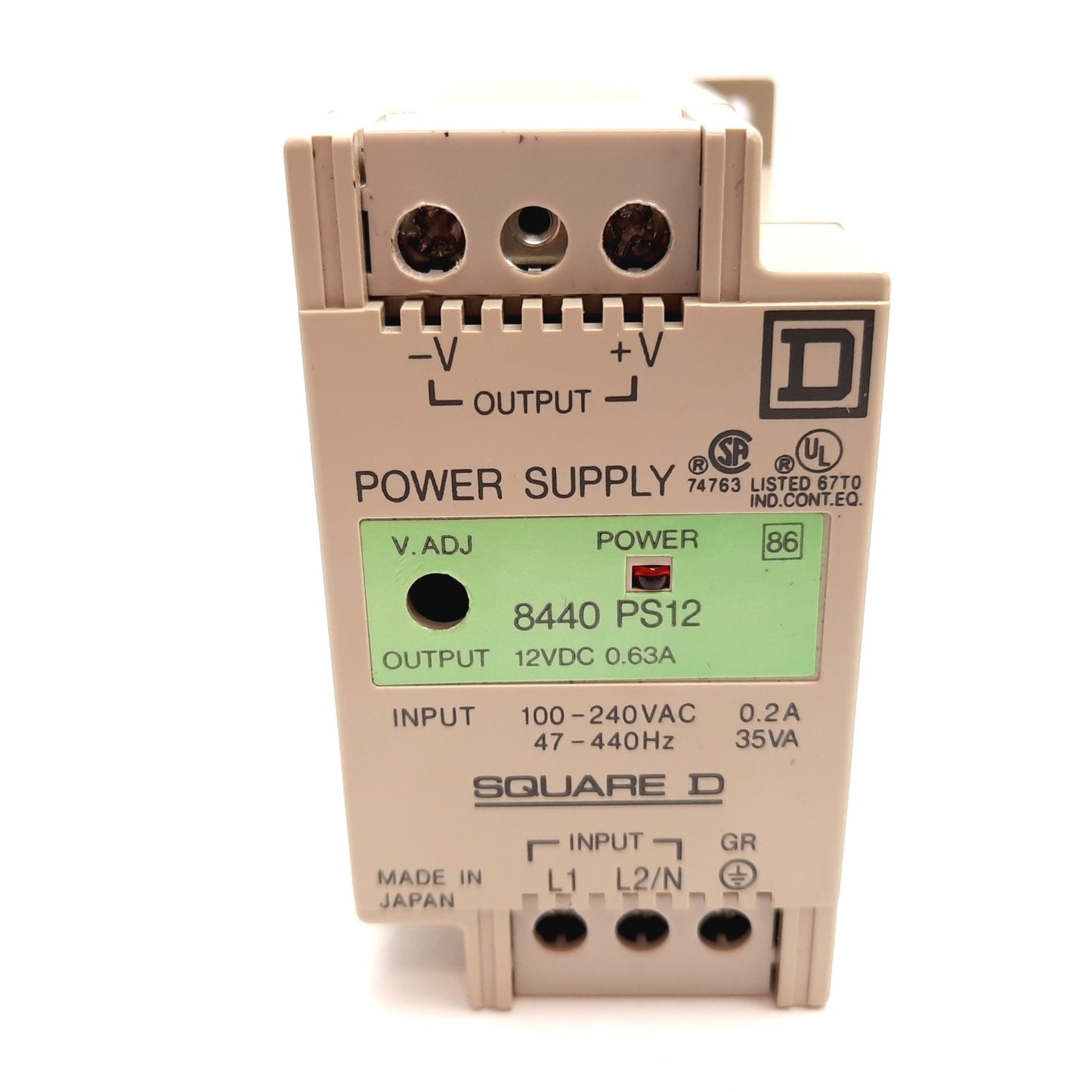 Used Square D 8440 PS12 Power Supply, Input: 100-240VAC 47-440Hz, Output: 12VDC 0.63A