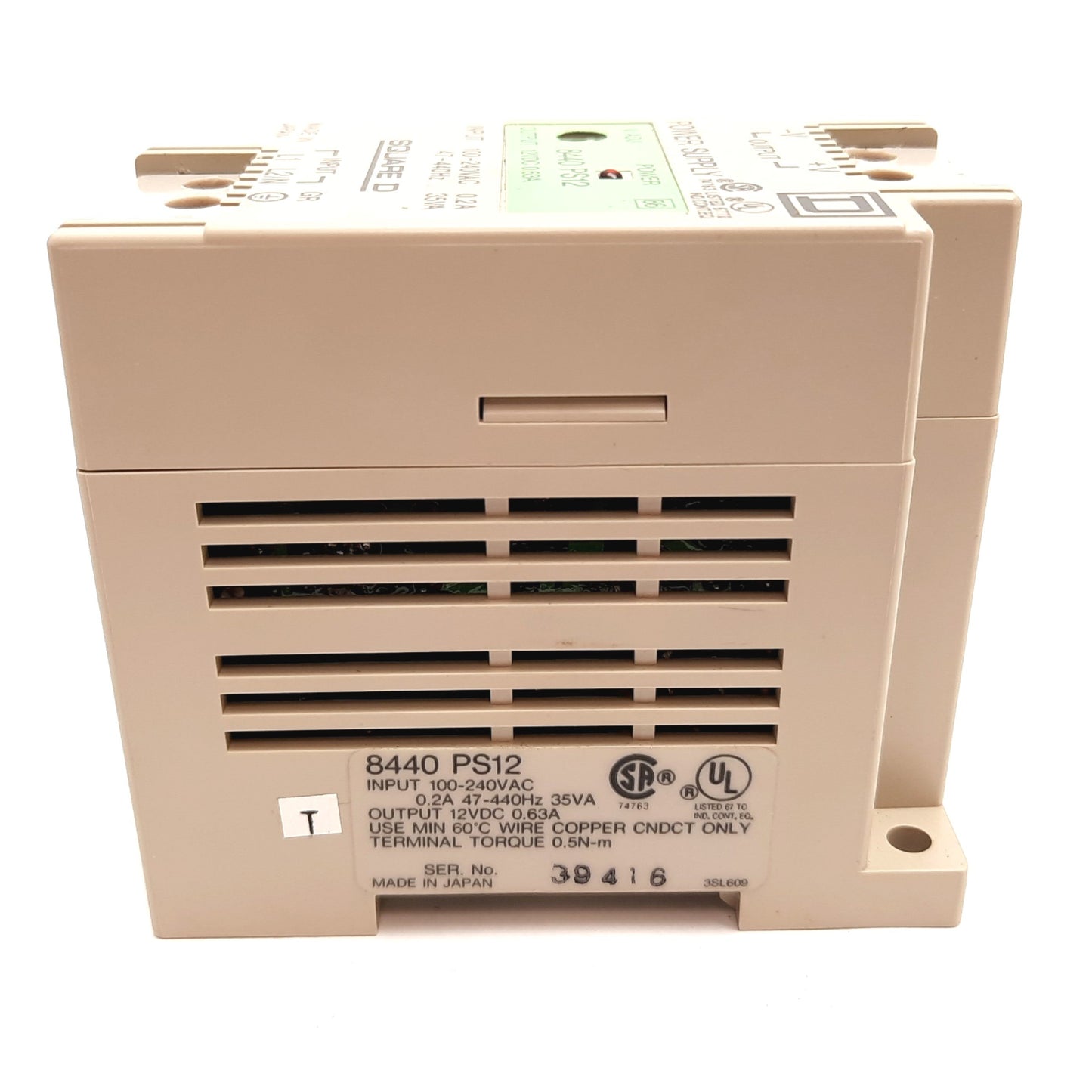Used Square D 8440 PS12 Power Supply, Input: 100-240VAC 47-440Hz, Output: 12VDC 0.63A