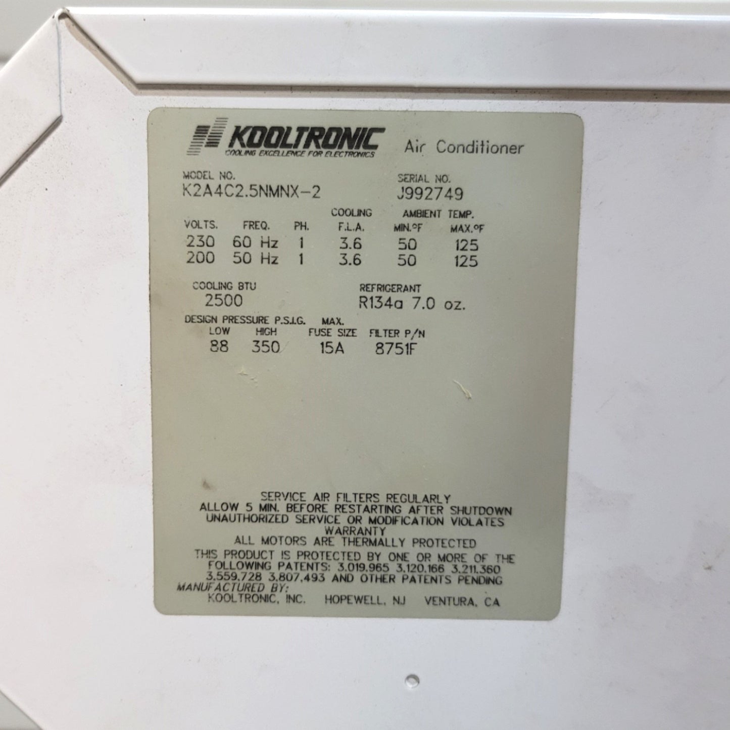 Used Kooltronic K2A4C2.5NMNX-2 Panel Mounted Air Conditioner, 200/230 1-Ph, 2500BTU