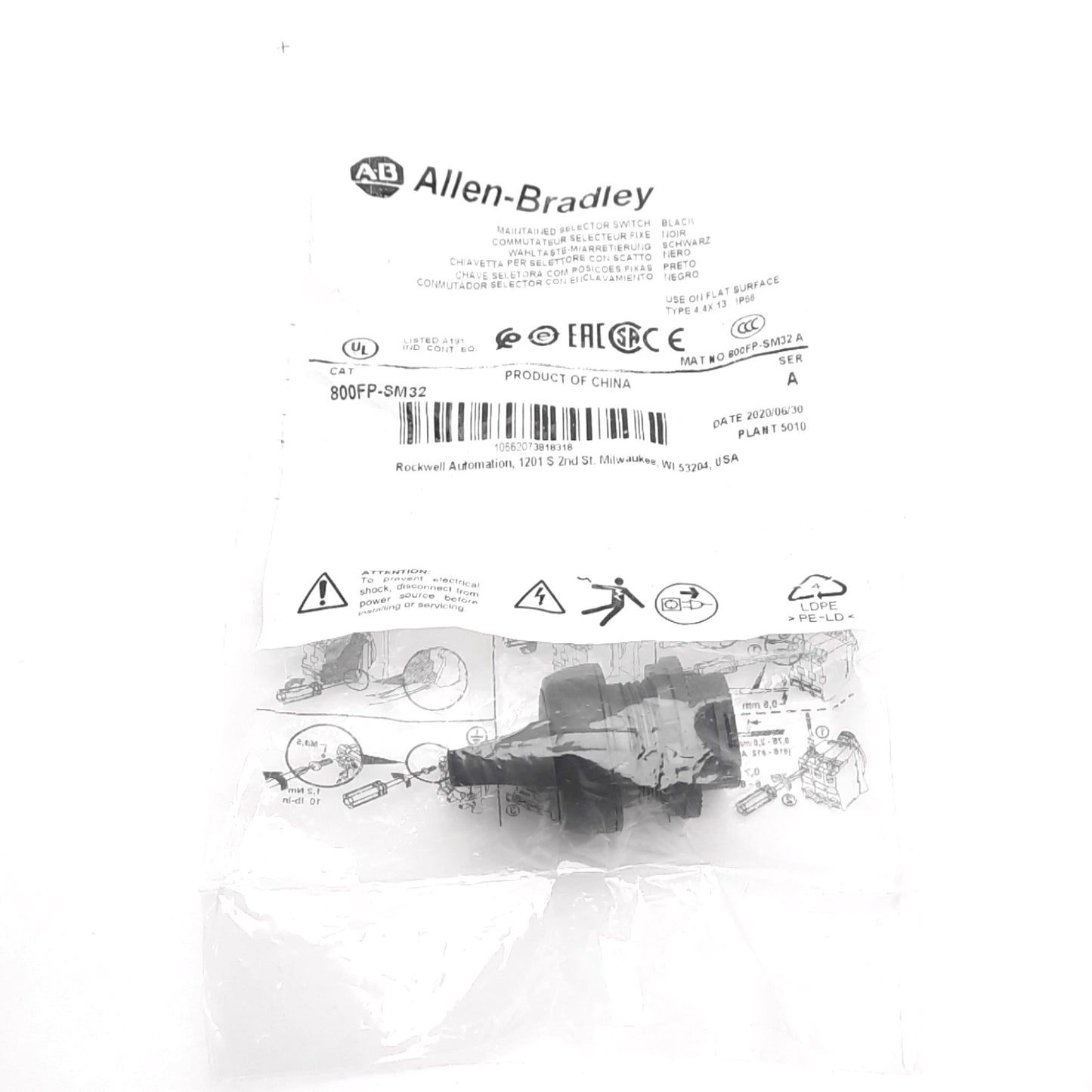 New Allen Bradley 800FP-SM32 Selector Switch, 3-Position Maintained, 22.5 mm