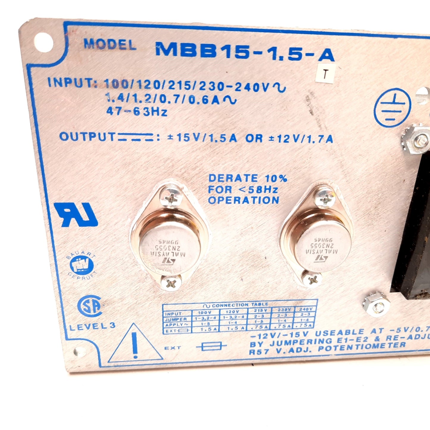 Used Condor MBB15-1.5-A Power Supply, In: 100/120/215/230-240VAC, Out: 15/12VDC