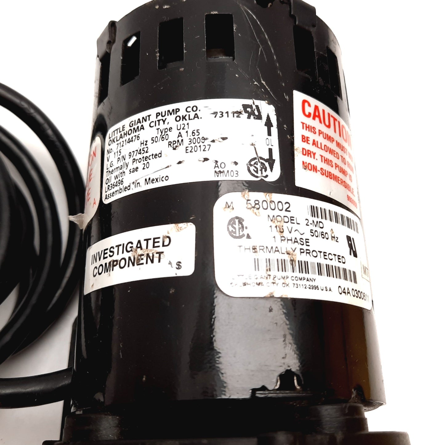 Used Little Giant 580002 2-MD Magnetic Drive Pump, 115VAC, 1/30HP, 8.5GPM, 1/2" NPT